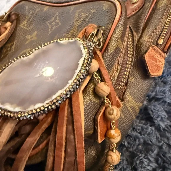 (VintageBoho Bag)Louis Vuitton Monogram Fringe Crossbody with Bead & Stone Charm - Picture 2 of 12
